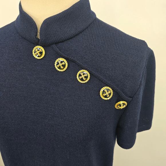 Vintage St. John Collection by Marie Gray Navy Knit Dress Gold Anchor Button - Picture 2 of 5